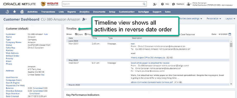 Timeline view in NetSuite shows all activities in reverse date order