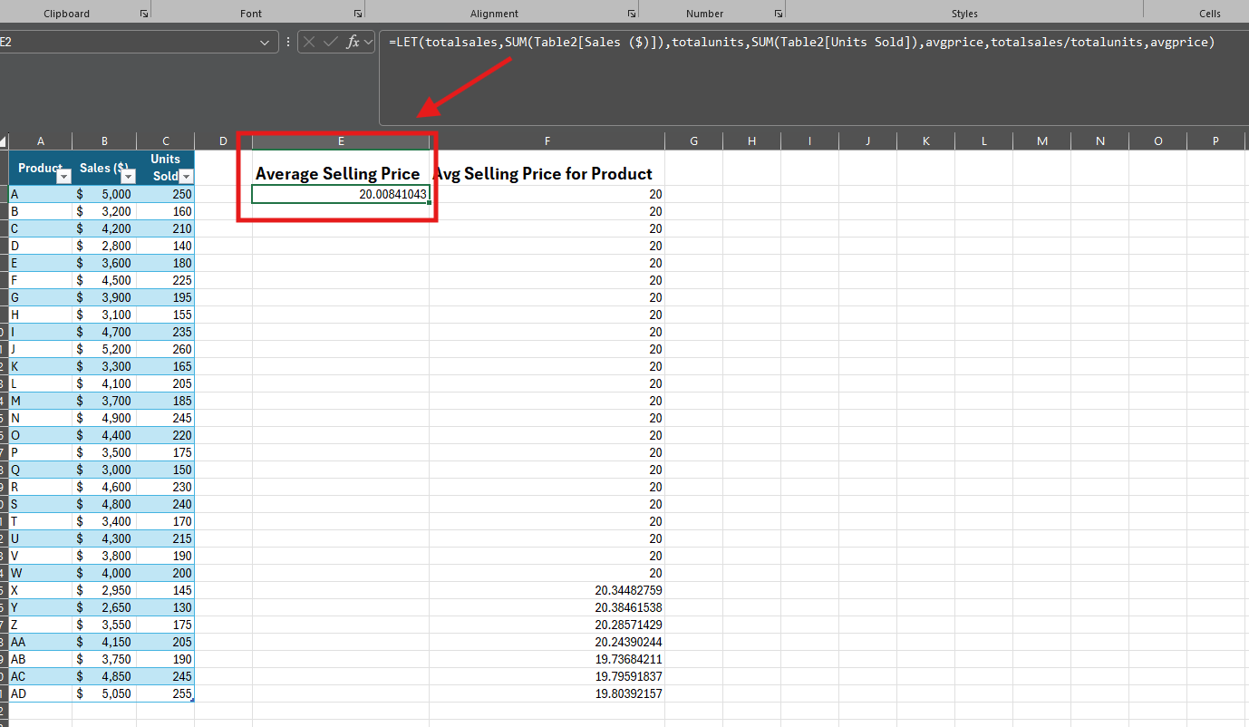 Excel LET function