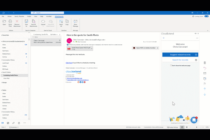 Save email file attachments directly to OneDrive for Business or SharePoint from Outlook and view them in NetSuite
